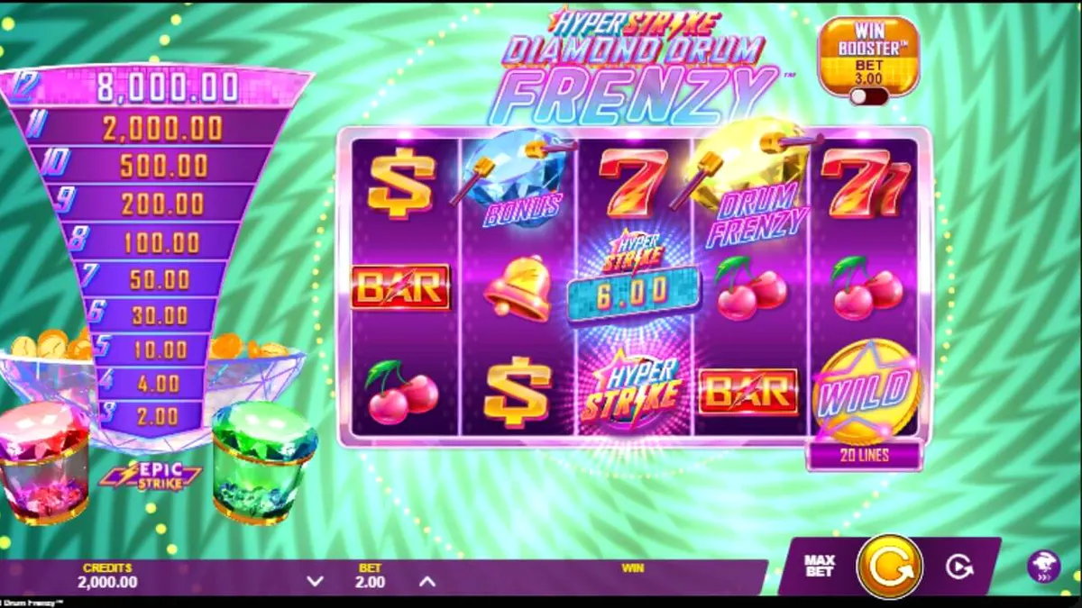 Tampilan visual slot Hyper Strike Diamond Drum Frenzy dengan tema neon dan drum emas